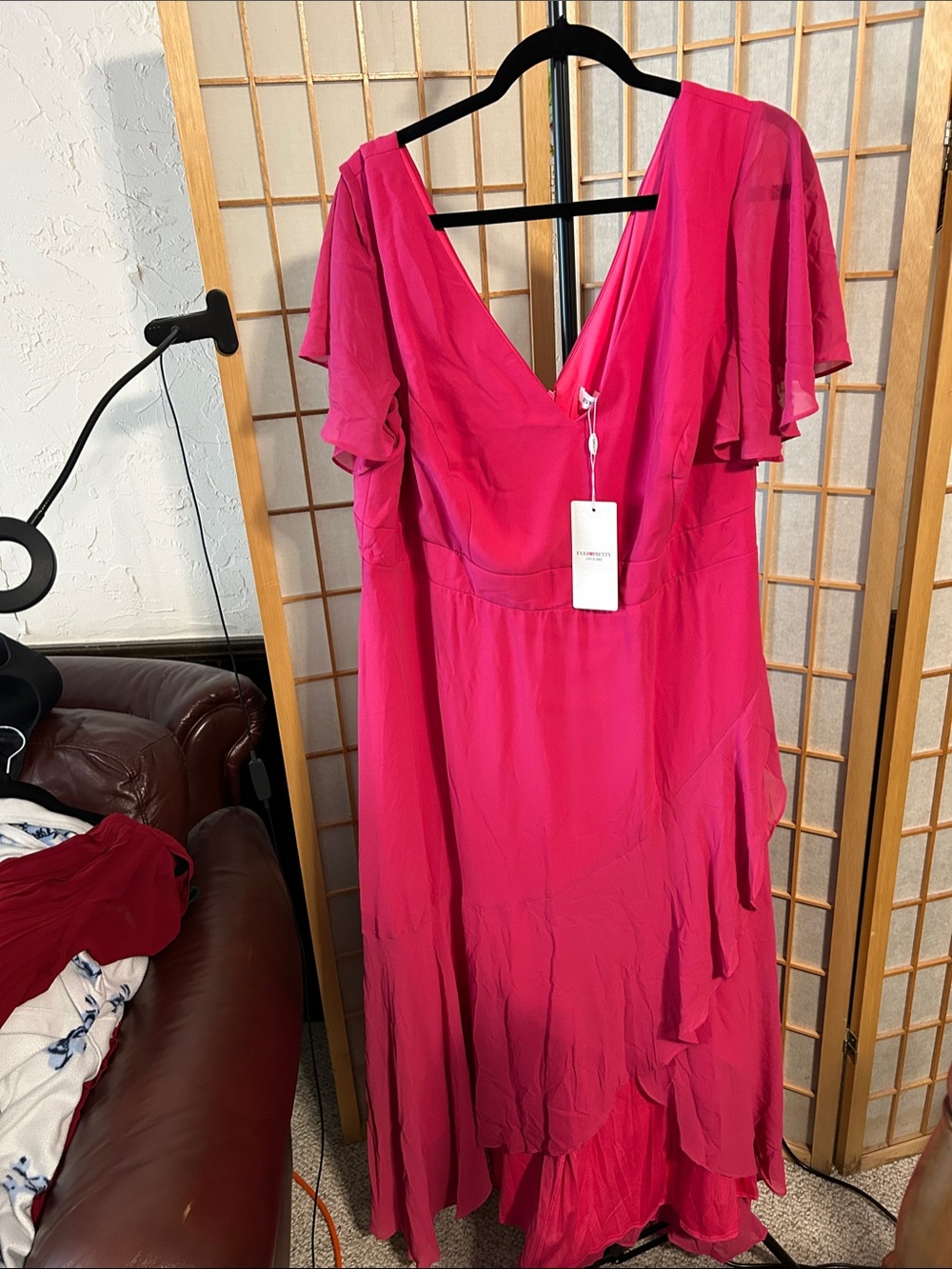 Ever Pretty Chiffon Flutter-Sleeve V-Neck Maxi Dress in Hot Pink